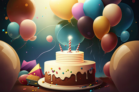 Birthday party with cake and balloons, copy space, generative aiの素材