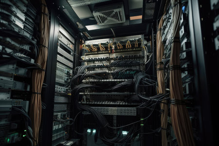 View of a data center. Rack housing server data storage hardware in a data center. The equipment is connected by a lot of network cables. Supporting platform for web and cloud hosting. Generative AIの素材