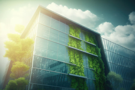 Green office building in a modern metropolis. Glass building with green tree branches and leaves to reduce carbon dioxide. Concept. Generative AIの素材