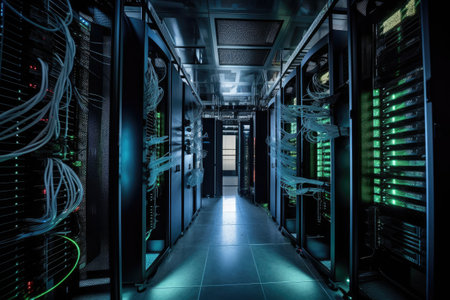 View of a data center. Rack housing server data storage hardware in a data center. The equipment is connected by a lot of network cables. Supporting platform for web and cloud hosting. Generative AIの素材