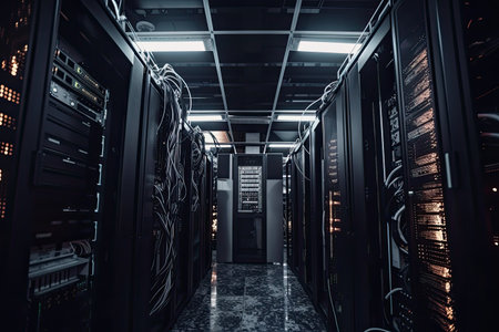 View of a data center. Rack housing server data storage hardware in a data center. The equipment is connected by a lot of network cables. Supporting platform for web and cloud hosting. Generative AIの素材
