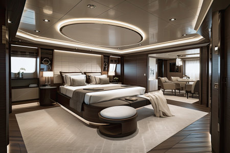 Wide-angle photo of an interior of a luxurious boat cabin with a big neatly made bed, lacquered wood paneling decoration. Luxurious yacht cabin, generative aiの素材