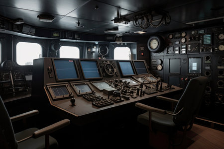 Wheelhouse control board on a large ship / vessel, generative aiの素材