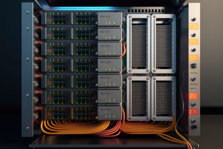Rack housing server data storage hardware in a data center. The equipment is connected by a lot of network cables. Supporting platform for web and cloud hosting. Generative AIの素材