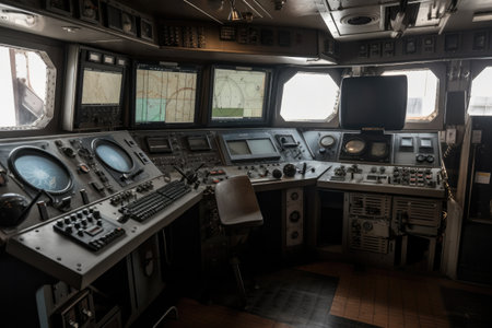 Wheelhouse control board on a large ship / vessel, generative aiの素材