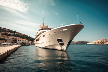 Large luxurious yacht docked in the Mediterranean, high quality generative aiの素材