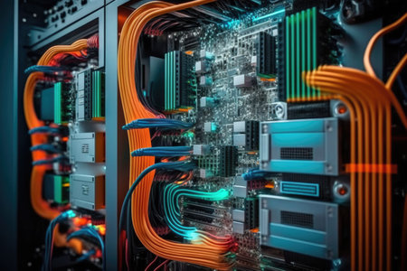 Rack housing server data storage hardware in a data center. The equipment is connected by a lot of network cables. Supporting platform for web and cloud hosting. Generative AIの素材