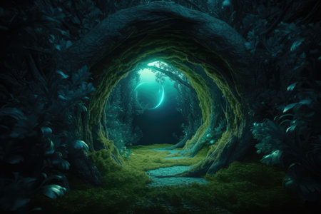 Archway in green forest that leads to another dimension. Generative AIの素材