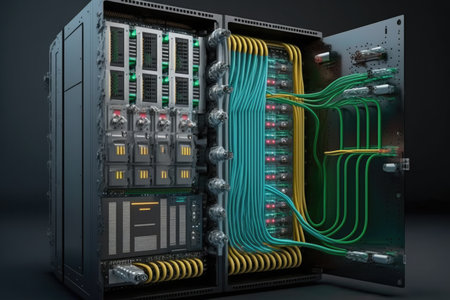 Rack housing server data storage hardware in a data center. The equipment is connected by a lot of network cables. Supporting platform for web and cloud hosting. Generative AIの素材