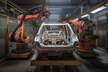 Mechanized industry robot arm for assembly in factory production line. Vehicle manufacturing. Robotized automated manufacturing process, generative aiの素材