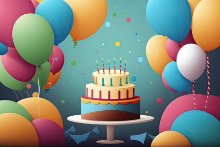 Birthday party with cake and balloons, copy space, generative aiの素材