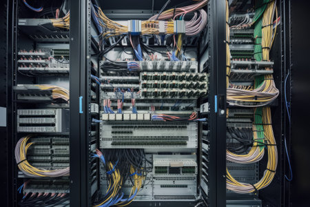 View of a data center. Rack housing server data storage hardware in a data center. The equipment is connected by a lot of network cables. Supporting platform for web and cloud hosting. Generative AIの素材