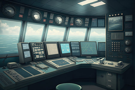 Wheelhouse control board on a large ship / vessel, generative aiの素材