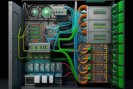 Rack housing server data storage hardware in a data center. The equipment is connected by a lot of network cables. Supporting platform for web and cloud hosting. Generative AIの素材