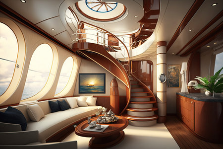 Wide-angle photo of an interior of a luxurious boat cabin. Luxurious yacht cabin, generative aiの素材