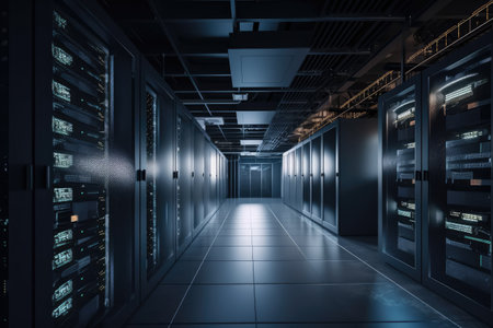 View of a data center. Rack housing server data storage hardware in a data center. The equipment is connected by a lot of network cables. Supporting platform for web and cloud hosting. Generative AIの素材