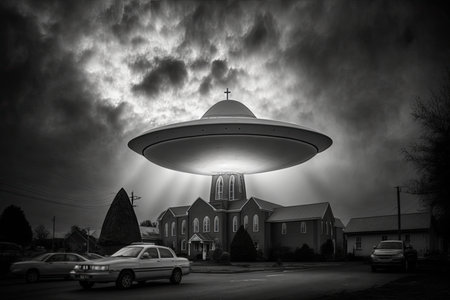 UFO, flying saucer in the town, black and white, generative aiの素材