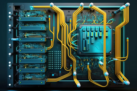 Rack housing server data storage hardware in a data center. The equipment is connected by a lot of network cables. Supporting platform for web and cloud hosting. Generative AIの素材