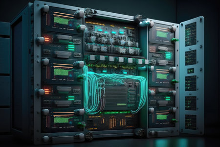 Rack housing server data storage hardware in a data center. The equipment is connected by a lot of network cables. Supporting platform for web and cloud hosting. Generative AIの素材