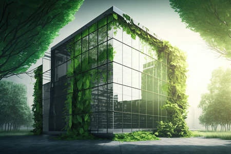 Green office building in a modern metropolis. Glass building with green tree branches and leaves to reduce carbon dioxide. Concept. Generative AIの素材