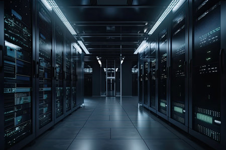 View of a data center. Rack housing server data storage hardware in a data center. The equipment is connected by a lot of network cables. Supporting platform for web and cloud hosting. Generative AIの素材