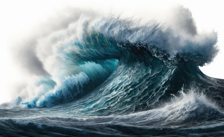 Sea waves rolling up in ocean, fresh and spray, white background with copyspace, generative aiの素材