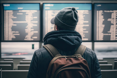 A man at the airport looking at the flight schedules timetable board. View from behind. Generative AIの素材