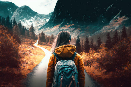 Hiker girl making their way up the mountain, walking on the road. View from behind. Generative AIの素材