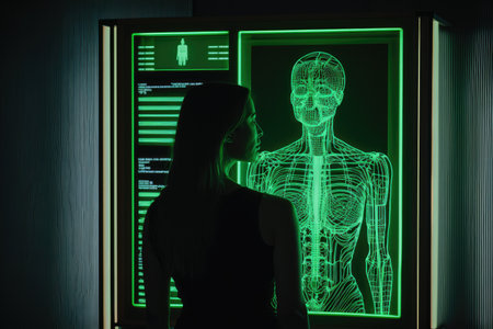 Scanner that scans person's insides (X-ray) of a body that are shown on large green LED screen. Generative AIの素材