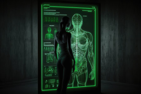 Scanner that scans person's insides (X-ray) of a body that are shown on large green LED screen. Generative AIの素材