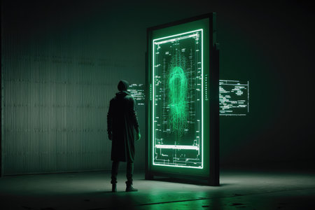 Scanner that scans person's insides (X-ray) of a body that are shown on large green LED screen. Generative AIの素材
