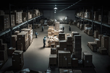 Inside of warehouse with endless cardboard boxes and pallets with people working inside. Generative AIの素材
