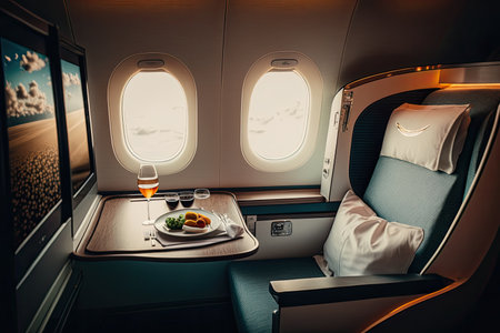 First class seat with gourmet food and glass of wine. Fly with class. Generative AIの素材