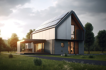 Passive house with solar panels. Green lawn and trees. Setting sun. Generative AIの素材
