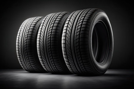Stack of tires on a dark background. Generative AIの素材