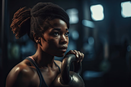 Photo of a strong determined African American black woman training and exercising in a gym alone with kettle bells. High quality generative AIの素材