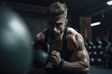 Photo of a strong determined fit man training and exercising in a gym alone with kettle bells. High quality generative AIの素材