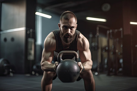 Photo of a strong determined fit man training and exercising in a gym alone with kettle bells. High quality generative AIの素材