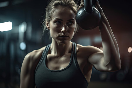 Photo of a strong determined caucasian woman training and exercising in a gym alone with kettle bells. High quality generative AIの素材