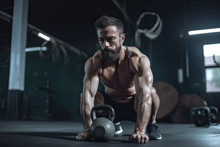 Photo of a strong determined fit man training and exercising in a gym alone with kettle bells. High quality generative AIの素材