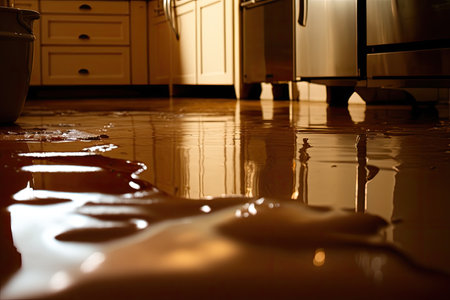 Flooded kitchen floor, water leaking. Closeup view of a waterlogged kitchen floor. Generative AIの素材