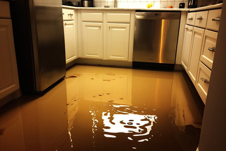 Flooded kitchen floor, water leaking. Closeup view of a waterlogged kitchen floor. Generative AIの素材