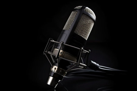 Studio audio microphone, with black background. High quality generative AIの素材