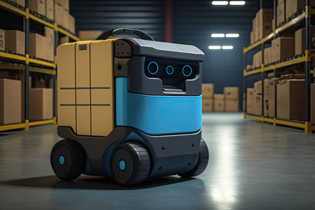 Automated retail warehouse with robots efficiently sorting parcels (Automated guided vehicle - AGV). Generative AIの素材
