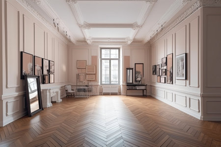 A grand room with a parquet floor with stucco panels, molding, and frames. Large, open studio with furnishings and advertising product mock-ups, generative aiの素材