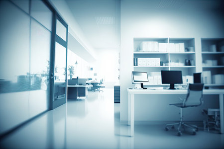 Blurry blueish medical office interior. Clinic interior with blue background. Copyspace. Generative AIの素材