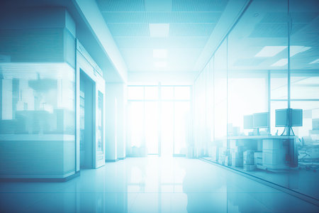Blurry blueish medical office interior. Clinic interior with blue background. Copyspace. Generative AIの素材