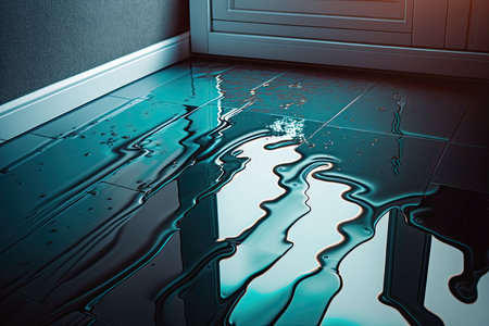 Closeup view of a waterlogged tiled floor. Generative AIの素材