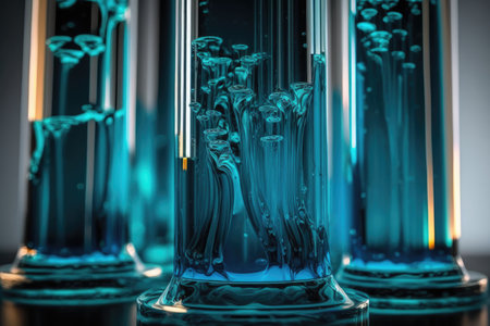 Glass test tubes with thick blue liquid with light blue background. Scientific theme.の素材