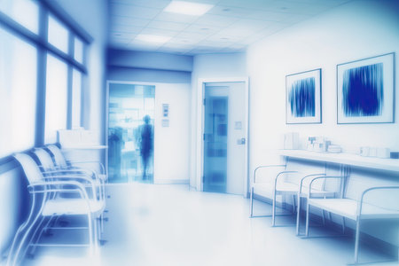 Blurry blueish medical office interior. Clinic interior with blue background. Copyspace. Generative AIの素材